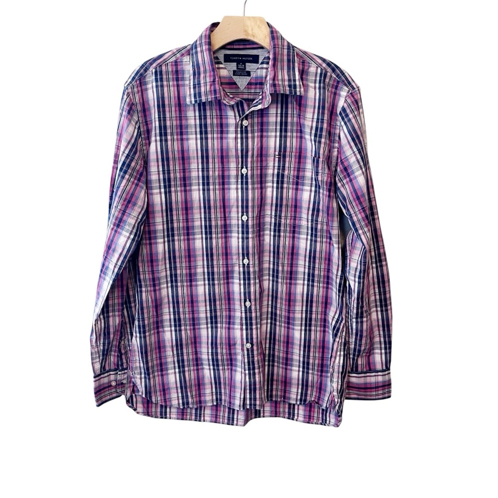 Tommy Hilfiger Men’s Button Down Plaid Shirt in Pink Blue Medium